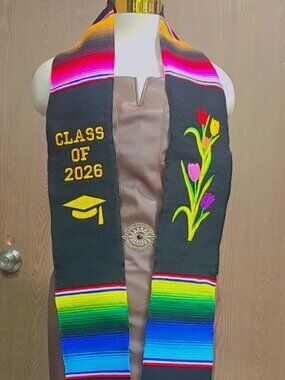 Mexican Graduation Sash Class 2026 Stole Multicolor and Black on Gold Embroider